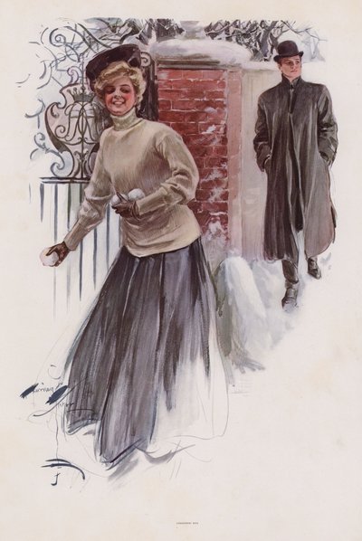 Giovane donna in attesa di lanciare palle di neve a un uomo da Harrison Fisher