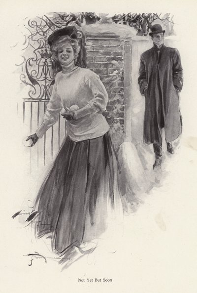 Giovane donna in attesa di lanciare palle di neve a un uomo da Harrison Fisher