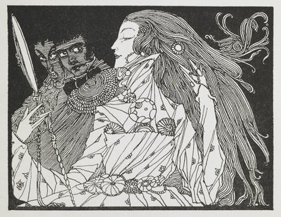Illustrazione per la storia Cenerentola. Una donna che guarda il suo riflesso in uno specchio a mano da Harry Clarke