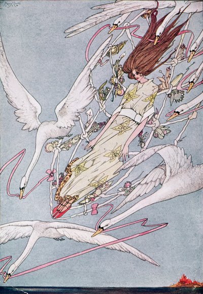 "E tutto il giorno volarono avanti", illustrazione da Cigni Selvatici di Hans Christian Andersen da Harry Clarke