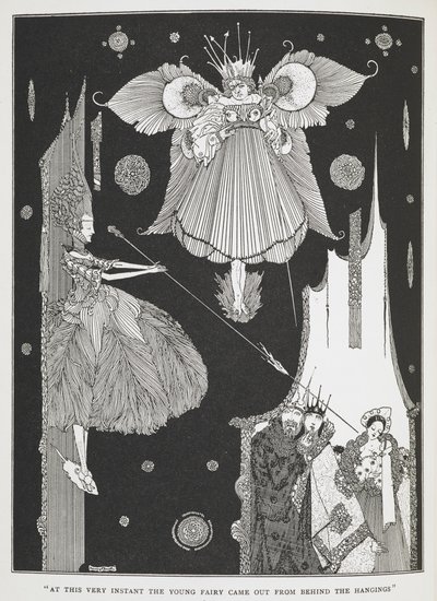 In questo stesso istante la giovane fata uscì da dietro le tende. Illustrazione per la storia La bella addormentata nel bosco da Harry Clarke