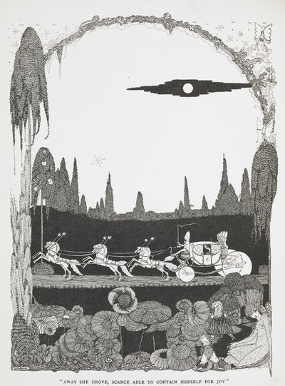 Via se ne andò, a malapena riuscendo a contenere la gioia. Illustrazione per la storia Cenerentola o la piccola scarpetta di vetro. da Harry Clarke