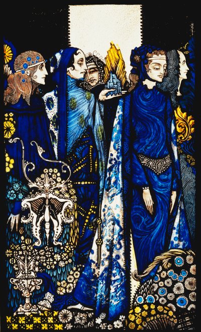 Etain, Helen, Maeve e Fand, la Mano Tenero di Deirdre Dorata. "Regine", nove pannelli di vetro acidati, macchiati e dipinti, Illustrando la poesia di J.M. Synge, 1917 da Harry Clarke