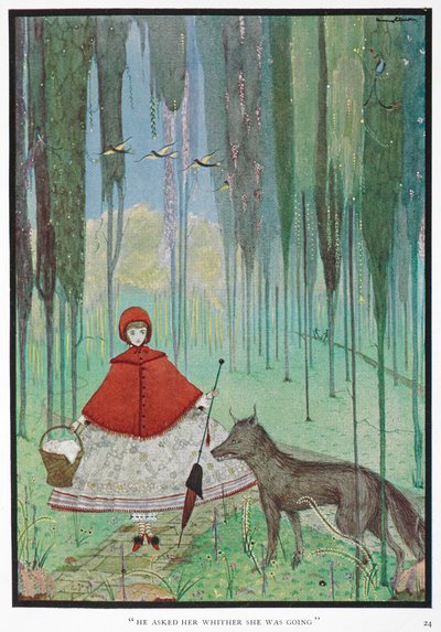 Le chiese dove stava andando. Cappuccetto Rosso incontra il lupo, in una foresta. da Harry Clarke