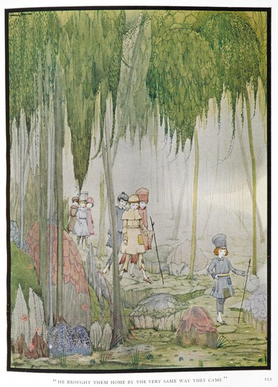 Li riportò a casa per la stessa strada da cui erano venuti. Illustrazione per la storia Pollicino. Bambini in una foresta da Harry Clarke
