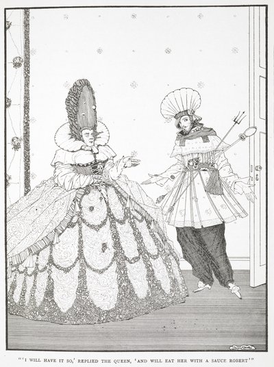 Lo voglio così, rispose la Regina, e la mangerò con una salsa Robert. Illustrazione per la storia La bella addormentata nel bosco da Harry Clarke