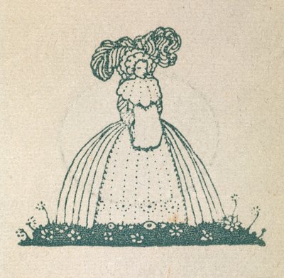 Illustrazione di una donna con un grande vestito da Harry Clarke