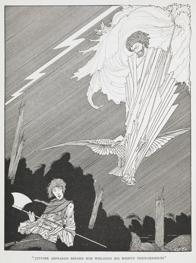 "Giove apparve davanti a lui brandendo i suoi potenti fulmini." Illustrazione per "i desideri ridicoli." da Harry Clarke