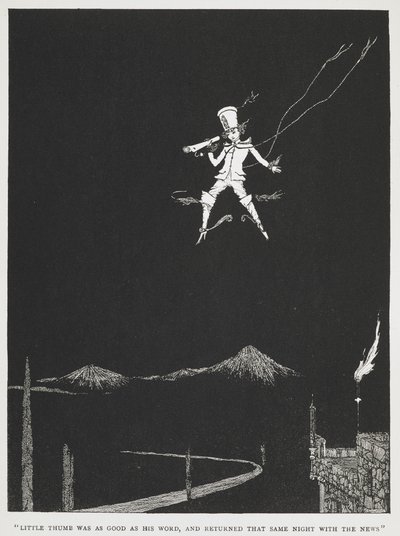 "Il piccolo pollice mantenne la sua parola e tornò quella stessa notte con la notizia." Un messaggero che vola nel cielo notturno. Illustrazione per la storia, "il piccolo pollice." da Harry Clarke