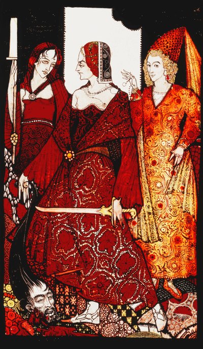 Regine che Tagliano i Maiali di Glanna... "Regine", nove pannelli di vetro acidati, macchiati e dipinti, Illustrando la poesia di J.M. Synge, 1917 da Harry Clarke