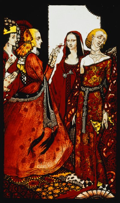 Regine il cui dito una volta agitava gli uomini. "Regine", nove pannelli di vetro acidati, macchiati e dipinti, Illustrando la poesia di J.M. Synge, 1917 da Harry Clarke