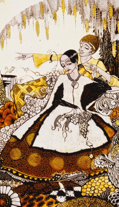 Sette giorni di canicola, nominando regine a Glenmacnass. "Regine", nove pannelli di vetro acidati, colorati e dipinti, illustrazione della poesia di J.M. Synge, 1917 da Harry Clarke