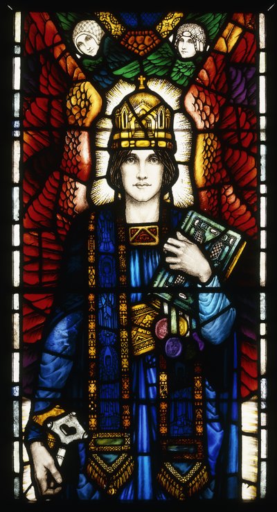 San Pietro, un pannello di vetro colorato, raffigurante il giovane San Pietro alato che indossa una mitra e tiene chiavi simboliche e un libro, con una coppia di angeli assistenti da Harry Clarke
