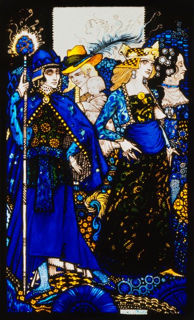 Le regine di Saba, Meath e Connaught, nove pannelli di vetro incisi, macchiati e dipinti, illustrando la poesia di J.M. Synge, 1917 da Harry Clarke