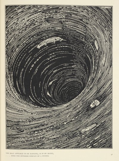 "La barca sembrava essere sospesa, ... sulla superficie interna di un imbuto vasto in circonferenza." Illustrazione per la storia 