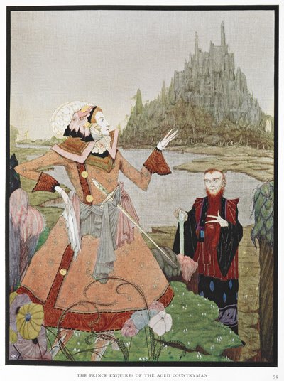 Il principe chiede informazioni al vecchio contadino. Illustrazione per la storia La bella addormentata da Harry Clarke