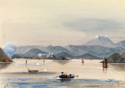 La HMS Tribune sul fiume Chuenpee a Canton (Cina), con barche a remi e giunche cinesi da Harry Edmond Edgell