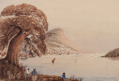 Veduta di una città costiera con albero e figure in primo piano da Harry Edmond Edgell