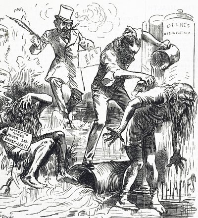 Cartone animato che raffigura i fiumi Tamigi e Lea attaccati a causa delle loro condizioni sporche da Harry Furniss