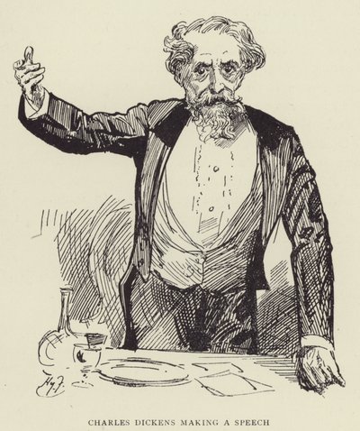 Charles Dickens che fa un discorso da Harry Furniss