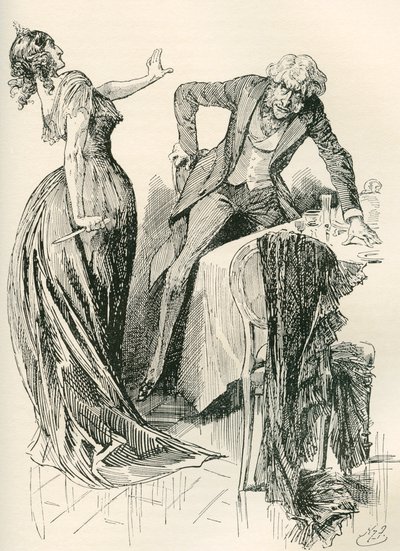 Edith e Mr. Carker. "Stava venendo verso di lei allegramente, quando, in un istante, lei afferrò il coltello dal tavolo e fece un passo indietro. "Fermo," disse, "o ti ucciderò!" Illustrazione di Harry Furniss per il romanzo di Charles Dickens da Harry Furniss
