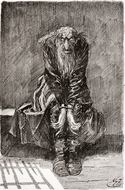 Fagin nella cella dei condannati. "Si sedette su una panca di pietra di fronte alla porta, che serviva da sedile e letto, e gettando i suoi occhi iniettati di sangue a terra, cercò di raccogliere i suoi pensieri." Illustrazione di Harry Furniss per il roma da Harry Furniss