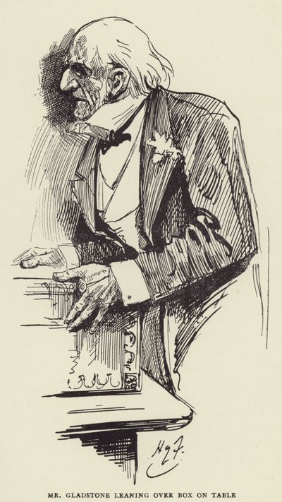 Mr Gladstone che si china su una scatola sul tavolo da Harry Furniss