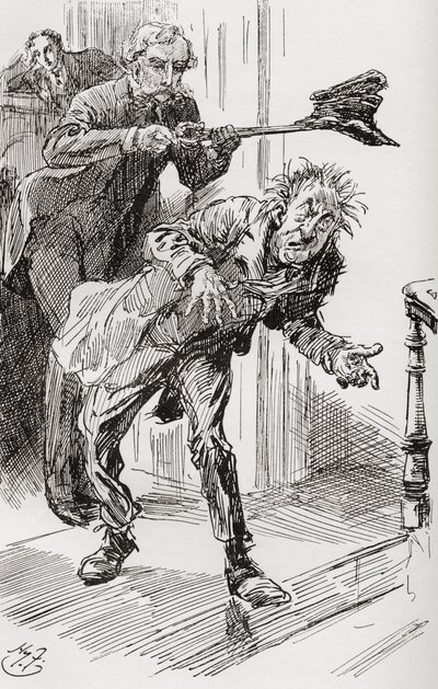 Il metodo di espulsione del signor Wrayburn. "Il fatto che il signor Dolls mostrasse una tendenza ad addormentarsi, minacciando così una permanenza prolungata nei locali, richiedeva misure vigorose. Così Eugene prese il suo cappello logoro con le pinze, gl da Harry Furniss