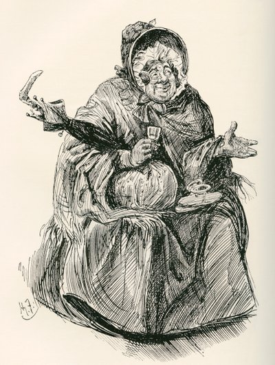 Mrs. Gamp. Illustrazione di Harry Furniss per il romanzo di Charles Dickens Martin Chuzzlewit, dalla The Testimonial Edition, pubblicata nel 1910. da Harry Furniss