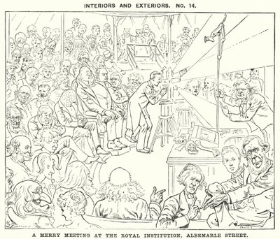 Cartone animato Punch: Un incontro allegro alla Royal Institution, Albemarle Street, Londra (incisione) da Harry Furniss