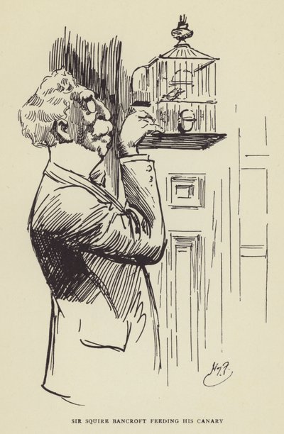 Sir Squire Bancroft che nutre il suo canarino da Harry Furniss