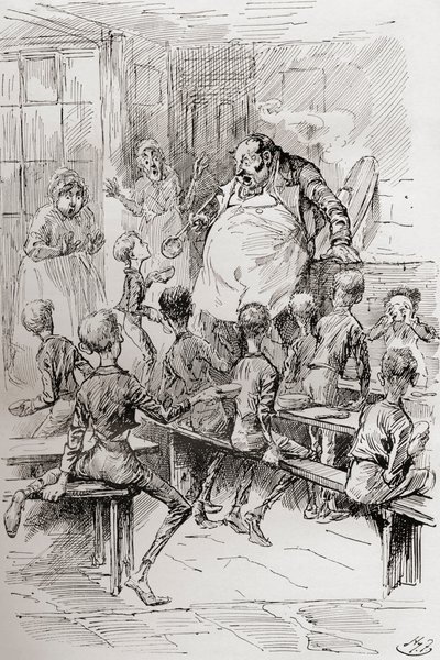 Fame nella casa di lavoro. "Per favore signore, ne voglio ancora." "Il Maestro fissò in stupore stupefatto il piccolo ribelle per alcuni secondi, e si aggrappò per supporto al rame. Gli assistenti erano paralizzati dalla meraviglia; i ragazzi dalla paura.  da Harry Furniss