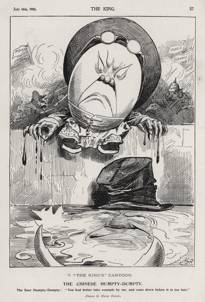 Il Humpty Dumpty cinese, vignetta sulla Ribellione dei Boxer e la Guerra Boera (incisione) da Harry Furniss