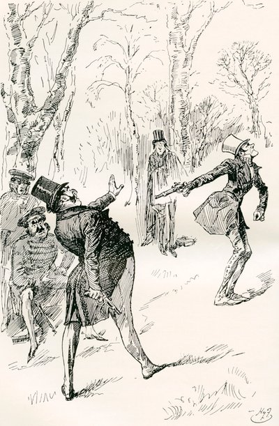 Il duello dopo il ballo. "Gli occhi di Mr. Winkle essendo chiusi, gli impedirono di osservare il comportamento molto straordinario e inspiegabile del dottor Slammer. Quel gentiluomo fissò, si strofinò gli occhi e, infine, gridò "Fermati, fermati! non è lui da Harry Furniss