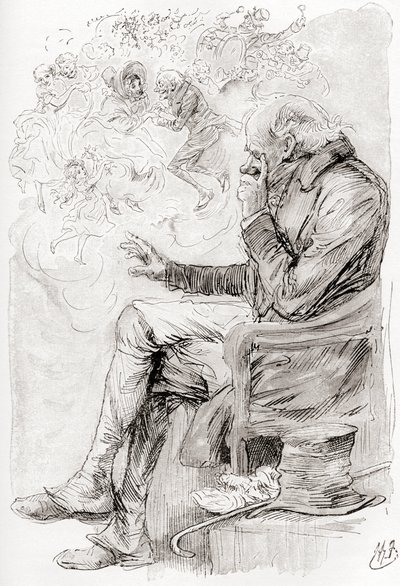 Il sogno di Trotty. "Trotty ha sognato? O sono le sue gioie e dolori, e gli attori in essi, solo un sogno; lui stesso un sogno; il narratore di questa storia un sognatore, svegliandosi solo ora?" Illustrazione di Harry Furniss per il racconto Le campane da da Harry Furniss