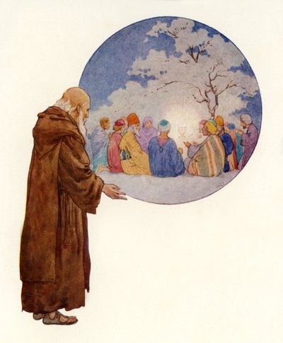 Un druido vede Giuseppe e i suoi compagni al primo banchetto in Britannia (litografia a colori) da Harry George Theaker