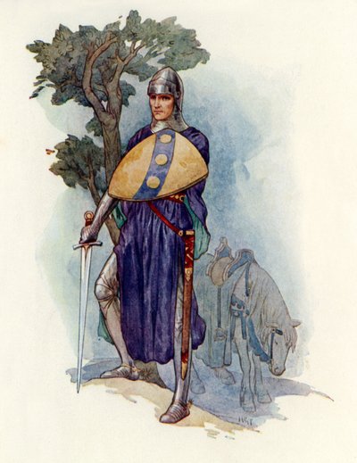 Un cavaliere che sbarra la strada (litografia a colori) da Harry George Theaker