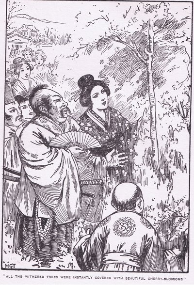 Tutti gli alberi appassiti si ricoprirono immediatamente di splendidi fiori di ciliegio (Il vecchio che faceva fiorire gli alberi appassiti) (litografia) da Harry George Theaker