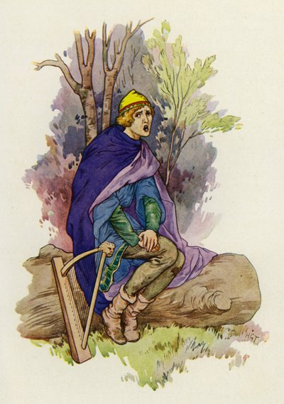 Mentre era seduto, il giovane gorgheggiava una canzone luttuosa (litografia a colori) da Harry George Theaker
