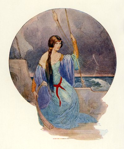 "Infine, mentre un vivido lampo avvolgeva tutta la nave di fiamme blu, il canto cessò improvvisamente" (litografia a colori). da Harry George Theaker
