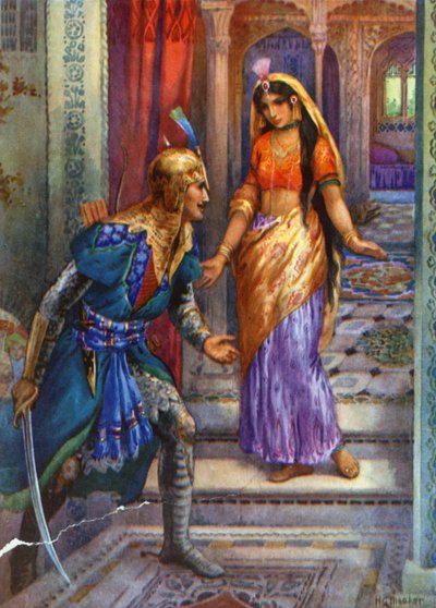 "Alla vista di Rama si precipitò in avanti" (litografia a colori) da Harry George Theaker