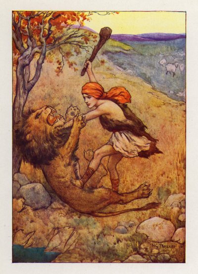 Davide catturò la grande bestia e la uccise (litografia a colori) da Harry George Theaker