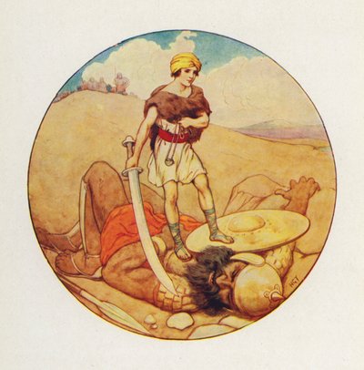 Davide afferrò la spada del gigante e tagliò la testa di Golia (litografia a colori) da Harry George Theaker
