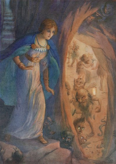 Freyja nella caverna dei nani, da "La collana di Freyja" (litografia a colori) da Harry George Theaker