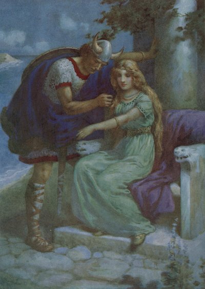 Frithiof e Ingeborg, da "The Suit of King Ring" (litografia a colori) da Harry George Theaker