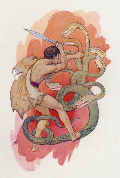 Ercole e il serpente a sette teste (litografia a colori) da Harry George Theaker