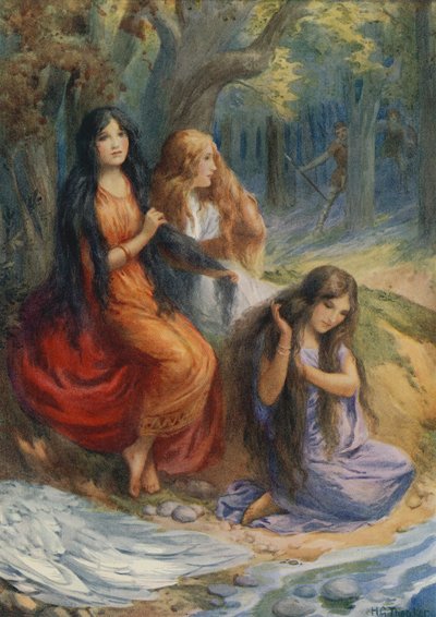 Hladgrun, Olrun e Alvit, da "Wayland the Smith" (litografia a colori) da Harry George Theaker