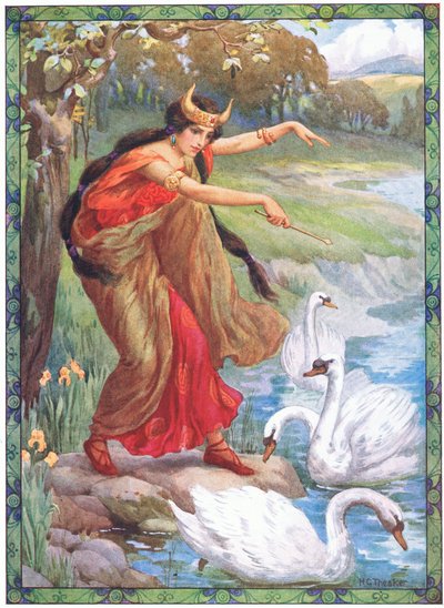"Invece dei quattro bambini che cosa vide" (dai Bambini di Lir) (litografia a colori) da Harry George Theaker