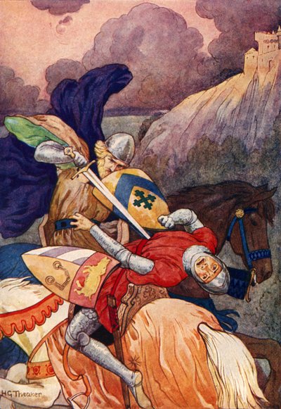 Re Artù che trafigge il suo nemico al petto (litografia a colori) da Harry George Theaker