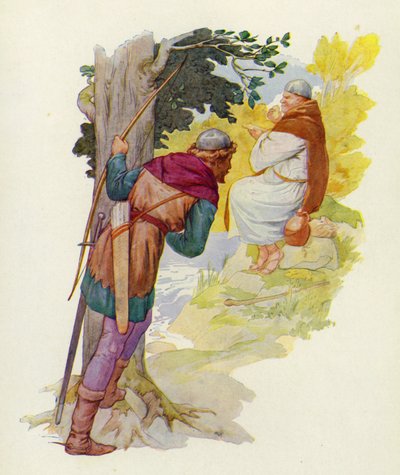 Su una collinetta accanto al guado un uomo enorme rosicchiava un grande pasticcio di carne di cervo (litografia a colori) da Harry George Theaker